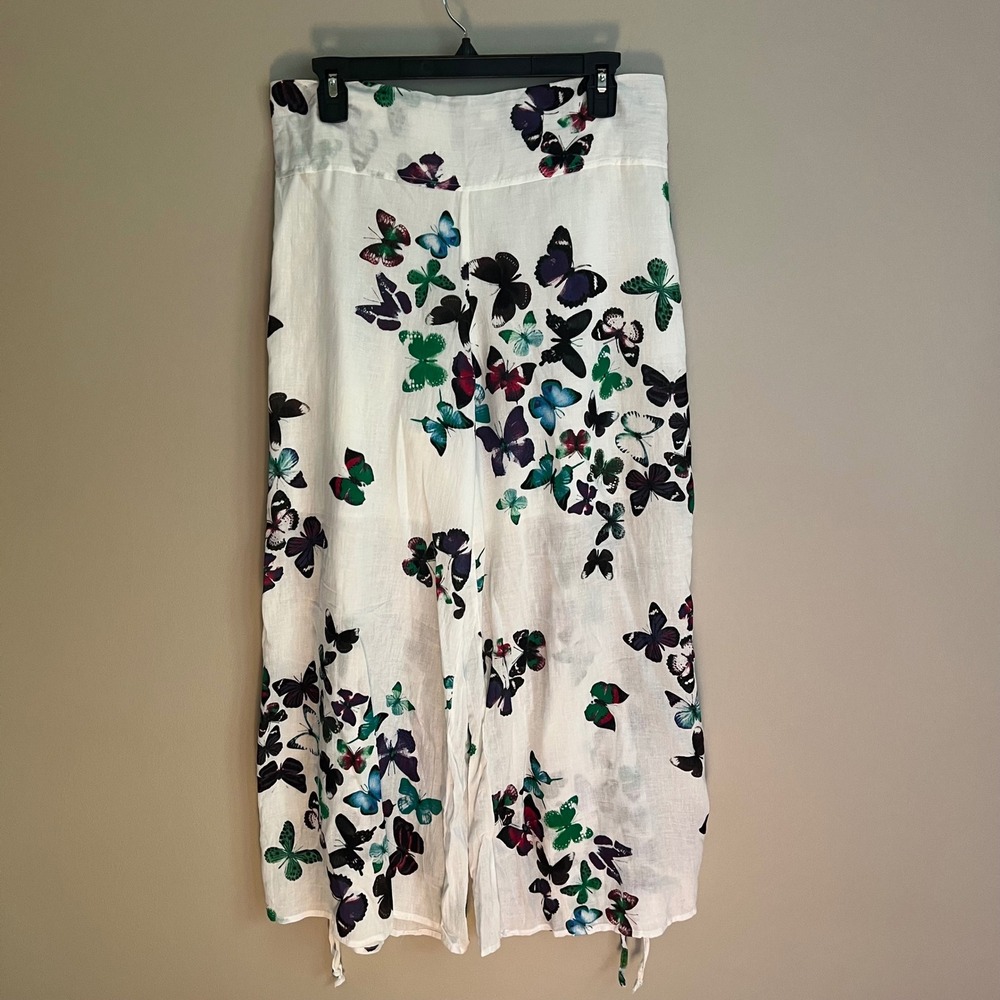 Harem Pants White Cotton Butterfly Allover Print Wide Leg Ruched Boho Pull On